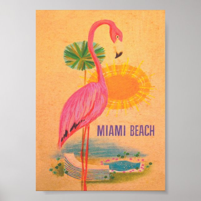 Poster Viagens vintage Flamingo, Rosa, Miami Beach (Frente)