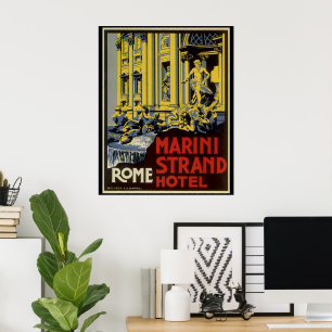 Poster viagens vintage, Marini Strand Hotel, Roma, Itáli