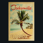 Poster Viagens vintage Palm Tree Jacksonville<br><div class="desc">Um impressão de arte moderno do século médio,  Jacksonville Florida,  no estilo viagens vintage. Ele apresenta uma palmeira curva na praia arenosa com oceano sob um céu azul nublado.</div>