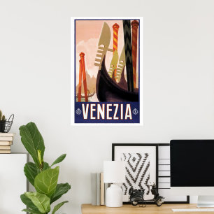 Póster viagens vintage, Veneza, Veneza, Itália, Gondolas
