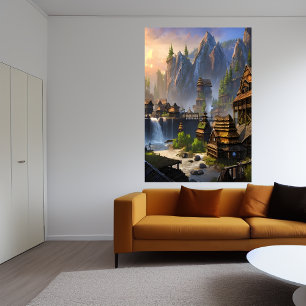 Poster Viajando a cascata e a montanha da aldeia Arte A