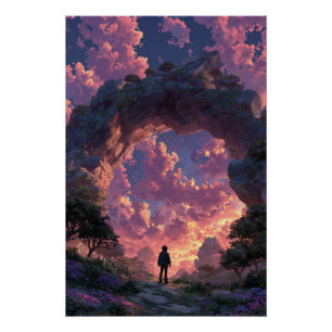 Póster Viajante no Arco do Pôr do Sol Paisagem de Fantasi