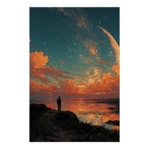 Póster Viajante Sob Gigante Lua Crescente