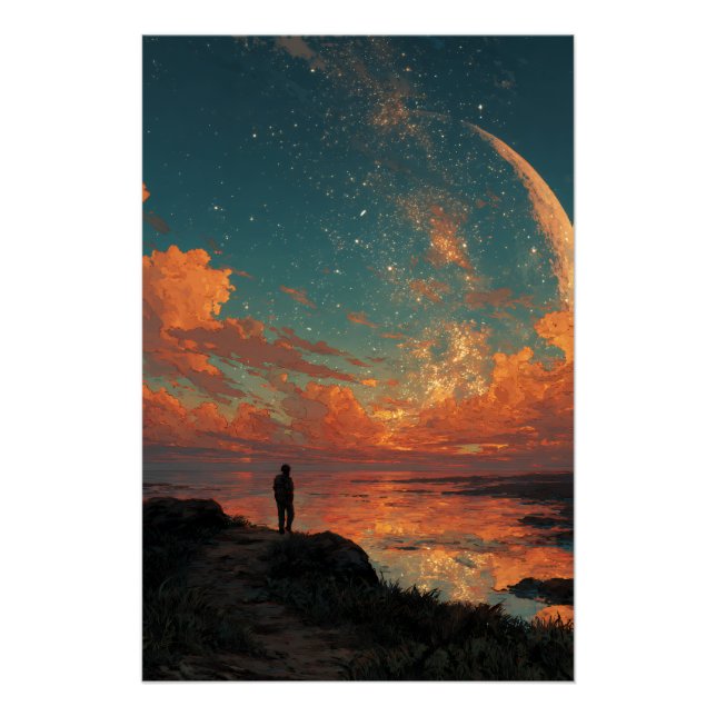 Póster Viajante Sob Gigante Lua Crescente (Frente)