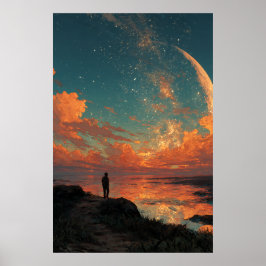 Poster Viajante Sob Gigante Lua Crescente