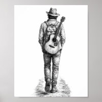 Viajante Solitário com Guitarra Arte de Parede em 