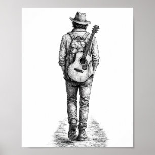 Poster Viajante Solitário com Guitarra Arte de Parede em