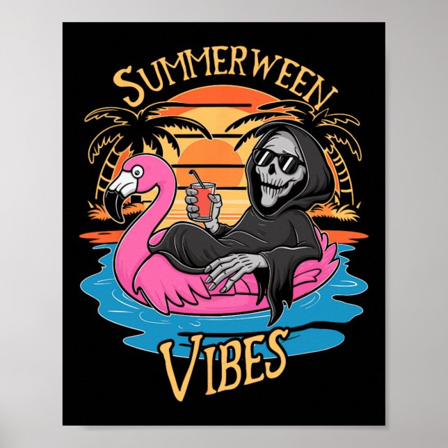 Poster Vibes Skeleton Flamingo Spooky Verão de Halloween (Frente)