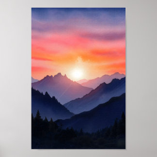 Poster Vibração de Aquarela Montanha Pintor Sunset