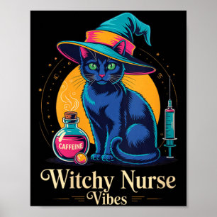 Poster Vibrações de Enfermeira Bruxa Feminina Gato Preto 