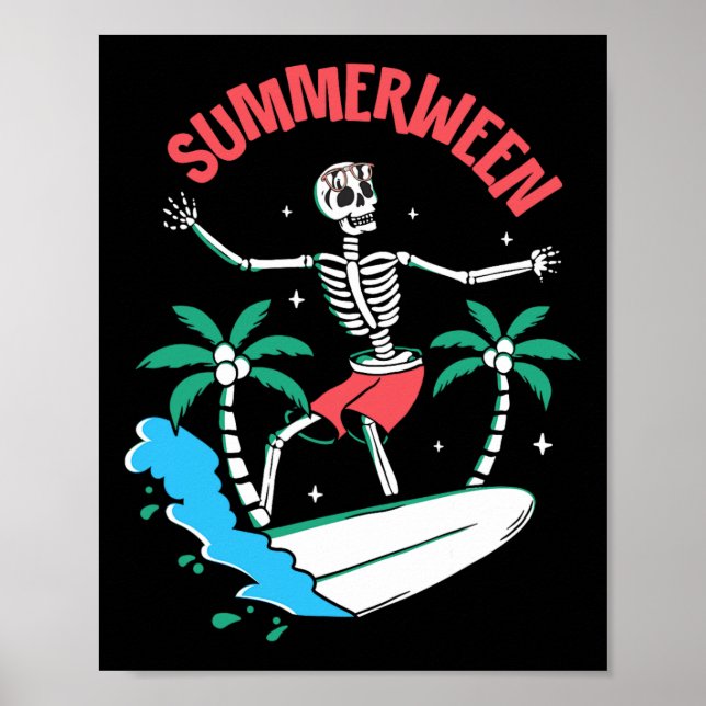 Poster Vibrações de Summerween Esqueleto Surfando Ondas V (Frente)