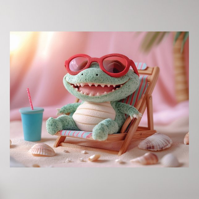 Poster Vibrações de Verão: Crocodilo Fofo Relaxando nas F (Frente)