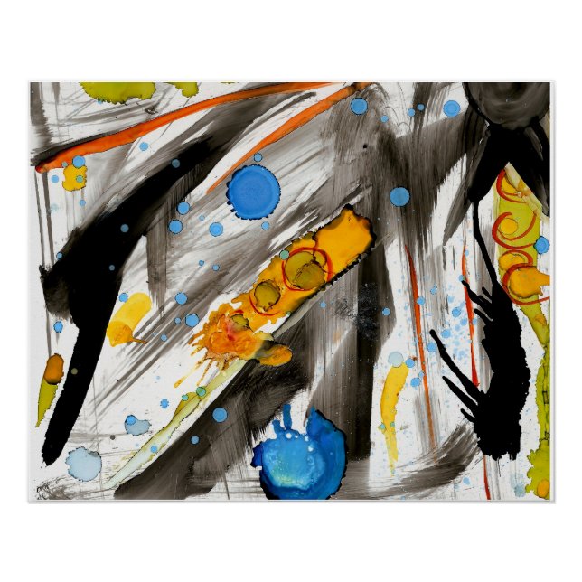 Póster Vibrant Abstract Brushstrokes – Blue Orange Yellow (Frente)
