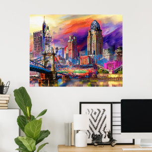 Poster Vibrant Cincinnati Ohio Abstrato Skyline Art