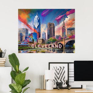 Poster Vibrant Cleveland Ohio Skyline Abstrato Art