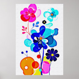 Poster Vibrant Cyan Magenta Abstract Fluid Flowers