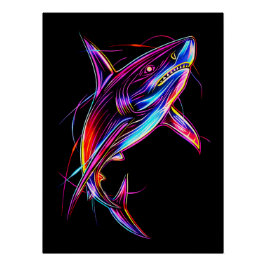 Póster Vibrant Neon Shark Modern Digital Ocean