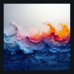 Poster Vibrant Ocean Wave Resin Surge Glow<br><div class="desc">Powerful blue waves surge and crash in vivid resin pours, blending deep sapphire, electric turquoise, and cyan into towering crests. Explosive coral, hot pink, magenta, and fiery orange bursts rise from the peaks like sunset flames or molten light, while soft white foam and subtle gold-copper metallic flecks add luminous sparkle...</div>