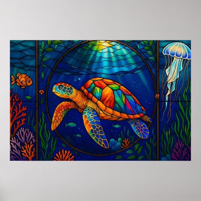 Poster Vibrant Stained Glass Sea Turtle Ocean Design (Frente)