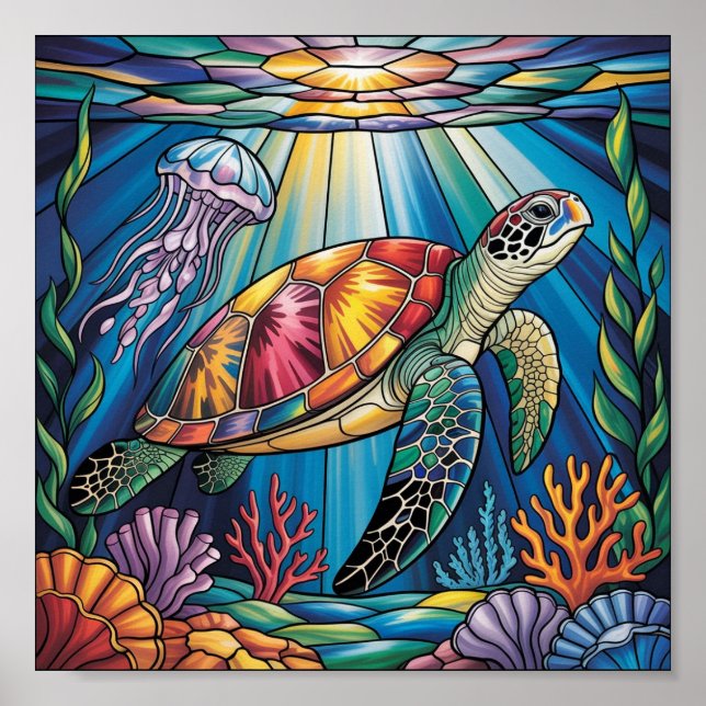 Poster Vibrant Stained Glass Sea Turtle Ocean Design (Frente)