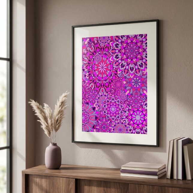 Poster Vibrante Boho Chic Rosa Roxo Mandalas Florais (Criador carregado)