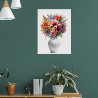 Poster Vibrante Buquê de Lírios em Vaso de Arte com Mídia