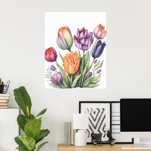 Poster Vibrante Buquê de Tulipas em Aquarela