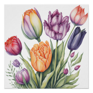 Póster Vibrante Buquê de Tulipas em Aquarela