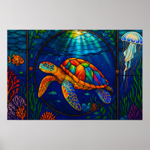 Poster Vibrante Design de Tartaruga Marinha em Vidro Pint