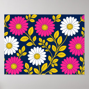 Poster Vibrante Floral com Margaridas e Folhas Douradas