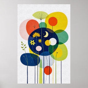Poster Vibrante Floral Retrô Boho Chic Abstrato Escuro