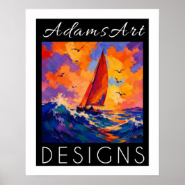 Poster Vibrante Impressionista de Velero no Oceano ao Pôr