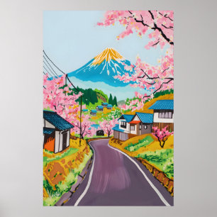 Poster Vibrante Monte Fuji Sakura Arte Campo Japonês