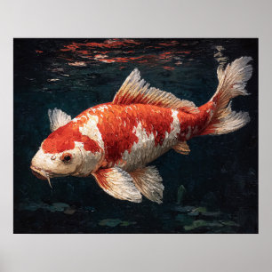 Poster Vibrante Peixe Koi Vermelho e Branco
