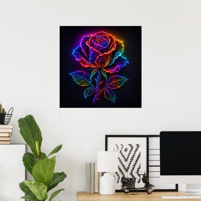 Poster Vibrante Rosa de Arco-Íris Neon em Flor com Brilho (Escritório em casa)