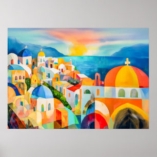 Poster Vibrante Santorini com Cúpulas Coloridas