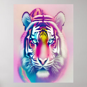Poster Vibrante Tigre Colorido Face Selvagem Moderna Negr