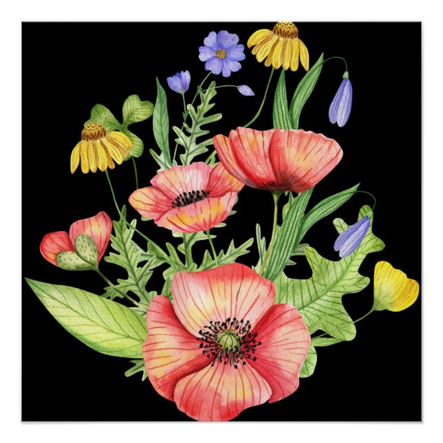 Póster "Vibrantes Flores Silvestres em Aquarela sobre Tel (Frente)