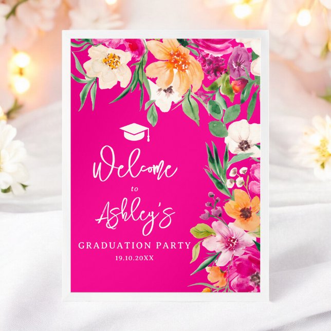 Poster Vibrantes flores silvestres rosa bem-vindo à forma (Bright wild flowers pink graduation welcome poster)