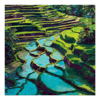 Póster Vibrantes Terraços de Arroz Balinês Indonésio Vint