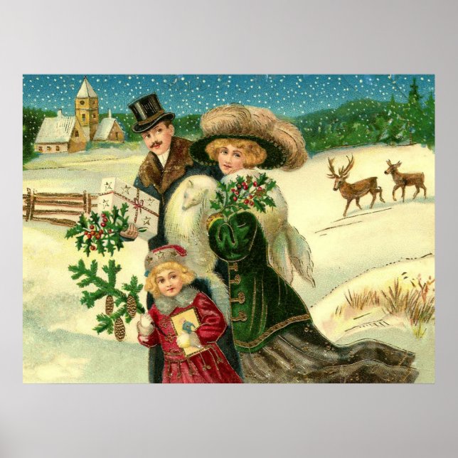 Poster Victorian family in the snow Christmas scene (Frente)