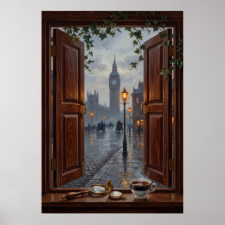 Poster Victorian London Big Ben Rainy Day Oil Painting