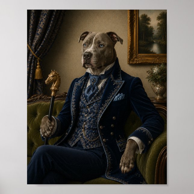 Poster Victorian Pit Bull Gentleman Portrait Print, Blue  (Frente)