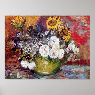 Poster Vida contínua com Rosas e girassóis - Van Gogh