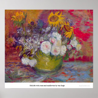 Póster Vida estática com rosas e girassóis por van Gogh
