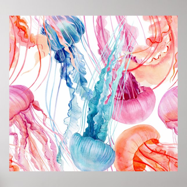 Poster Vida no Mar de Aquarela: Bolhas e medusas (Frente)