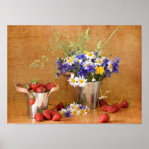 Poster Vida tranquila com morangos e flores silvestres