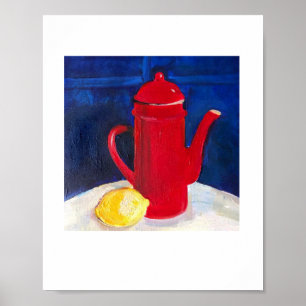 Poster vida tranquila com pote de café vermelho e limão