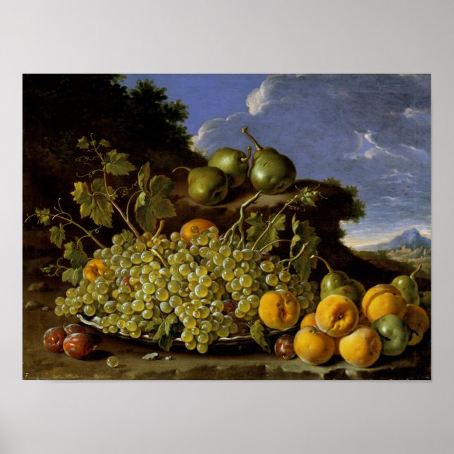 Poster Vida tranquila com Prata de Uvas, Pêssegos, Peras (Frente)