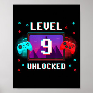 Poster Vídeo do Nível 9 Desbloqueado Gamer Divertido Aniv